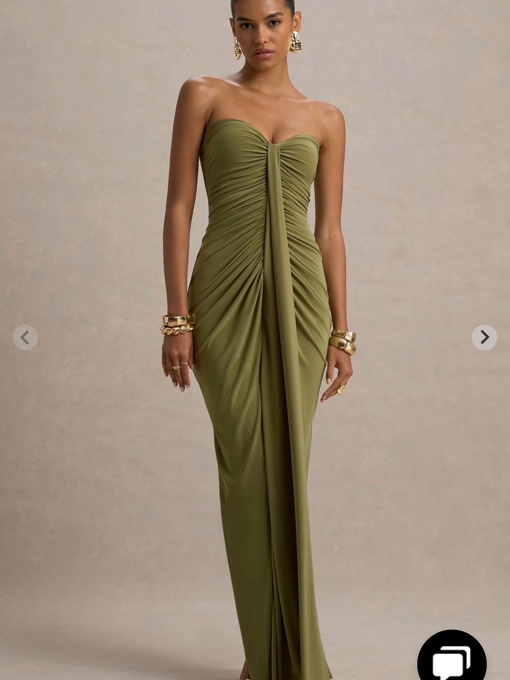 Club L London ALI Dress Olive Green Strapless Ruched Column Maxi Dress